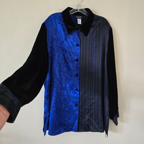 KOOS Of Course Blue and Black Patterned Button-Up Shirt Size 2X 100% Silk - Picture 6 of 9